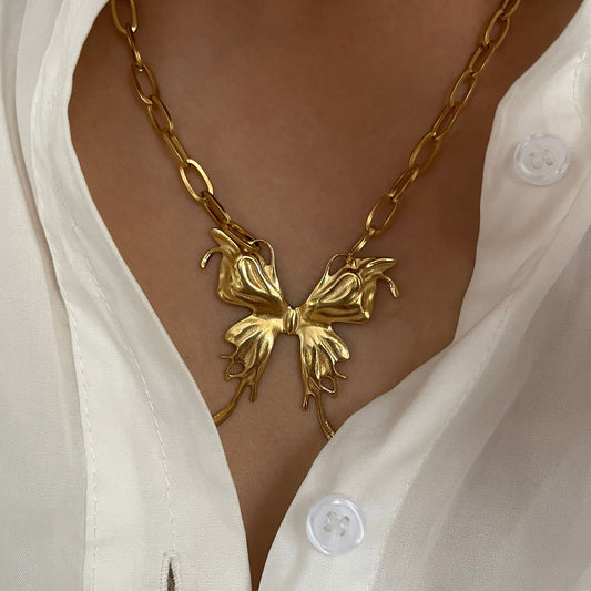 New Stainless Steel Butterfly Flower Oval Leaf Pendant Exaggerated Style Female Necklace