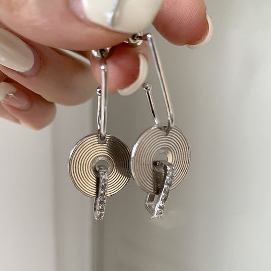 Silver Needle Round Grain Jeweled Pendant Earrings