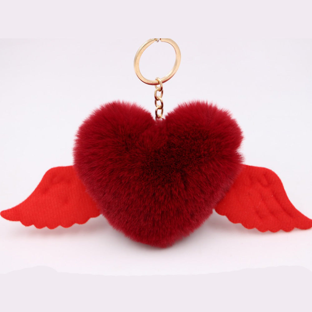Peach Heart Wings Heart Wool Ball Keychain Pendant
