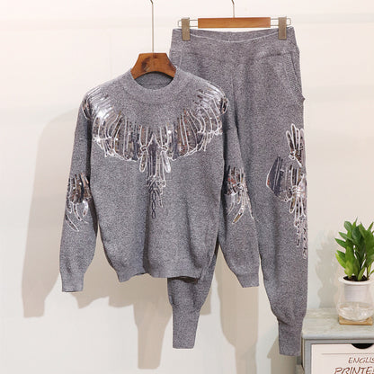 Suéter de punto de manga larga, pantalones de punto casuales, traje de punto de moda para mujer