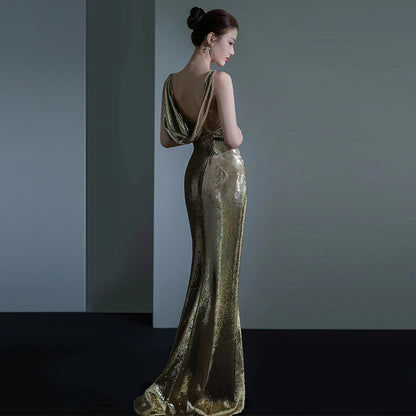 Vestido de noche de cola de pez para mujer, elegante, con lentejuelas, para reunión anual, sexy, sin espalda