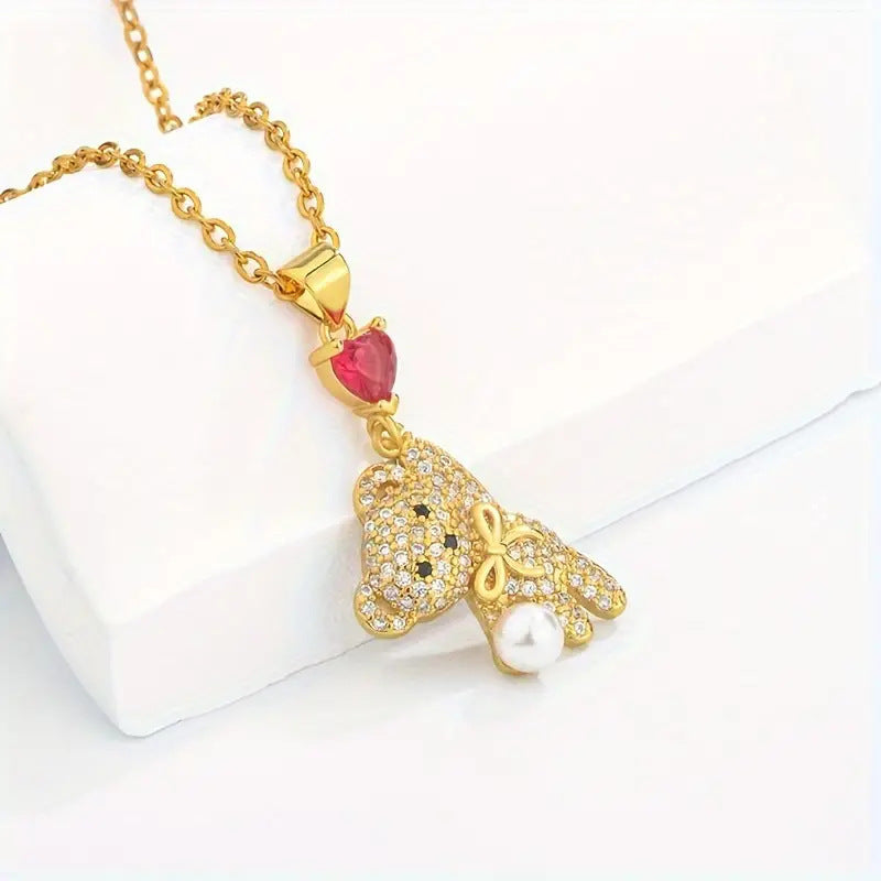 Collar de perlas y oso con globo de amor y micro incrustaciones de circonita