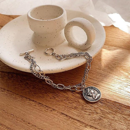 Pulseras punk con cabeza de moneda tallada, brazalete bohemio con círculo, cadena gruesa y borla, joyería para mujer 