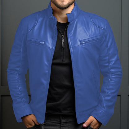 Chaqueta de cuero para motociclista con cuello alto para hombre