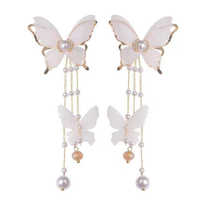 Pendientes de perlas con borlas de mariposa, encaje, diamantes de imitación y perlas
