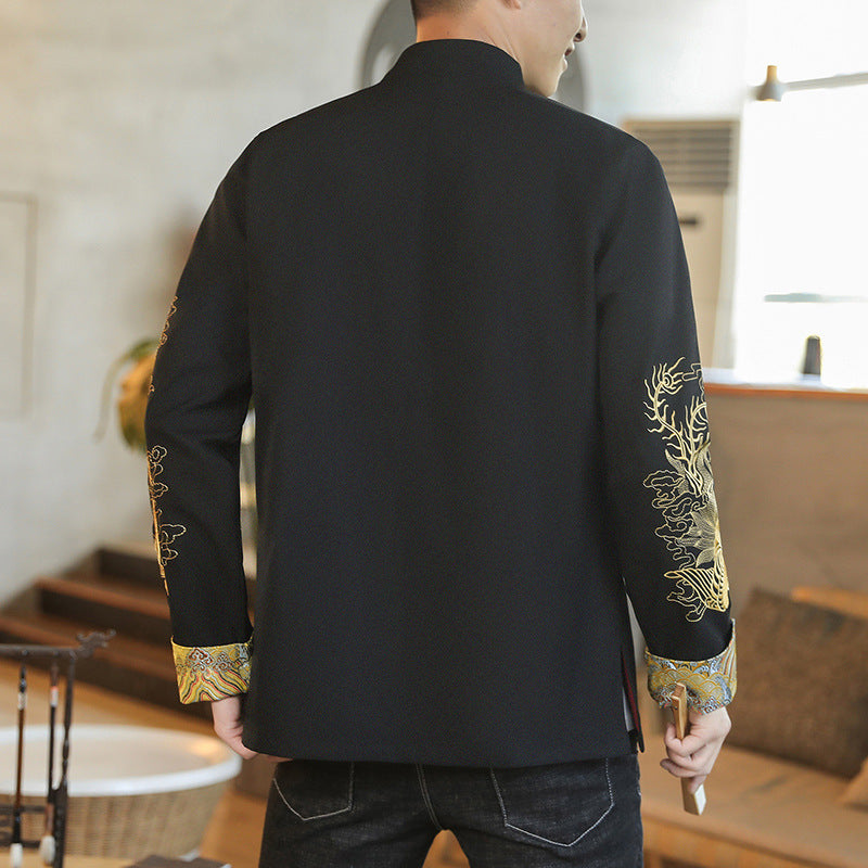 Chinese Style Men's Fashion Wear Jacket Stand Collar Buckle Turned Cuff Dragon And Phoenix Embroidery