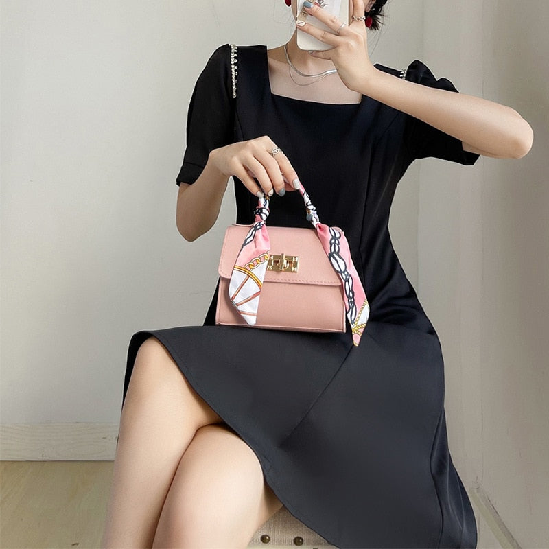 Silk Scarf Lock Chain Square Bag