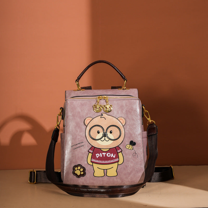 Mochila bandolera portátil con diseño de oso de dibujos animados