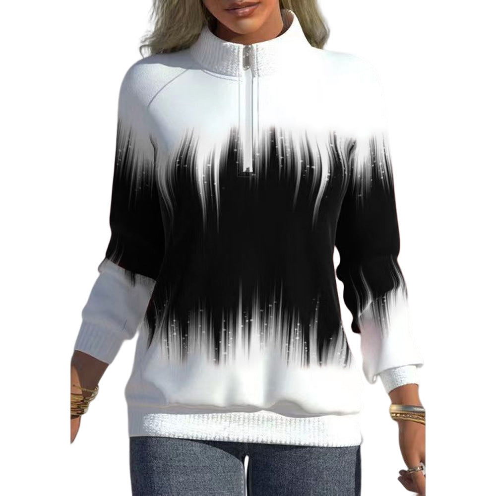 Gradient Color Print Neck Zipper Long Sleeve Winter Half-Turtleneck Sweatshirt