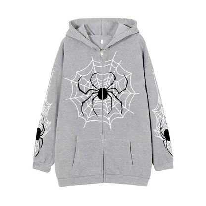 Sudadera con cremallera de telaraña para mujer, estilo urbano, de comercio exterior, con capucha, estilo retro americano, informal, para primavera y otoño