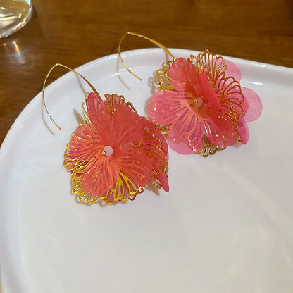 Pendientes colgantes de flores de tela con aguja de plata para mujer