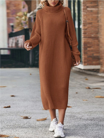 Vestido de suéter de punto de cuello alto de invierno, moda sólida, suelto, suéter, vestidos largos para mujer, ropa