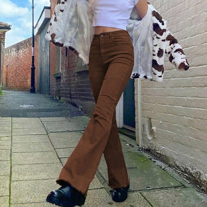 Pantalones vaqueros de corte bota elásticos de cintura alta marrones para mujer
