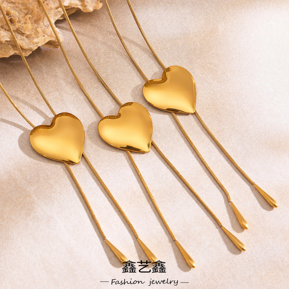 Stainless Steel Glossy Heart Pull-out Long Necklace