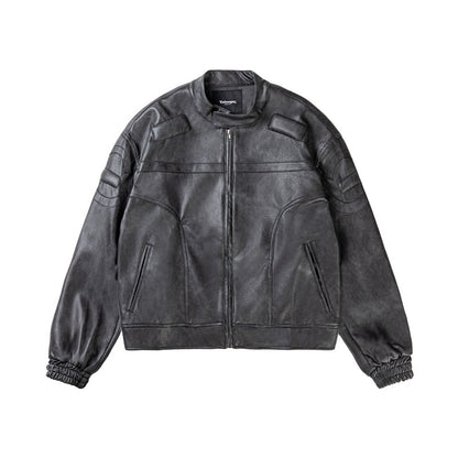 Chaqueta de cuero sintético jaspeado con cuello alto para motocicleta