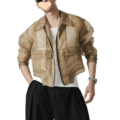 Langärmlige Jacke mit Kapuze und Revers aus Netzstoff