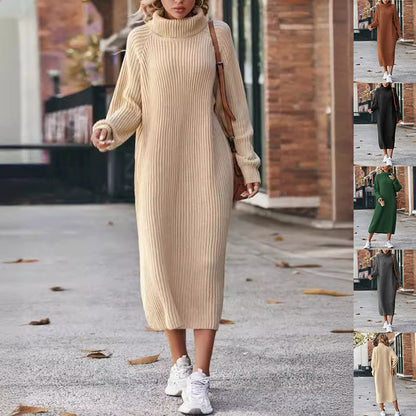 Vestido de suéter de punto de cuello alto de invierno, moda sólida, suelto, suéter, vestidos largos para mujer, ropa