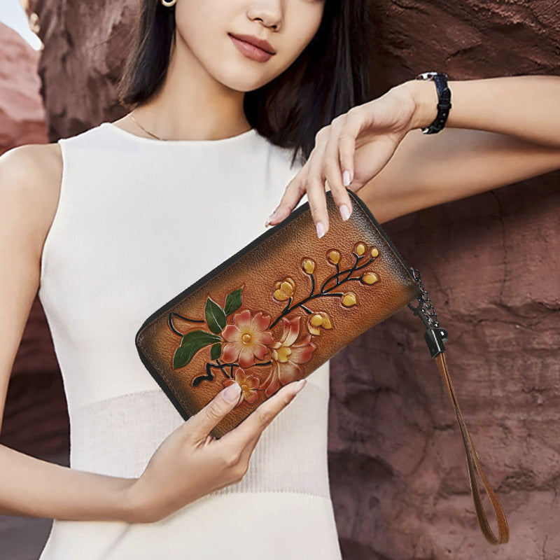 Leather Double Zipper Long Wallet