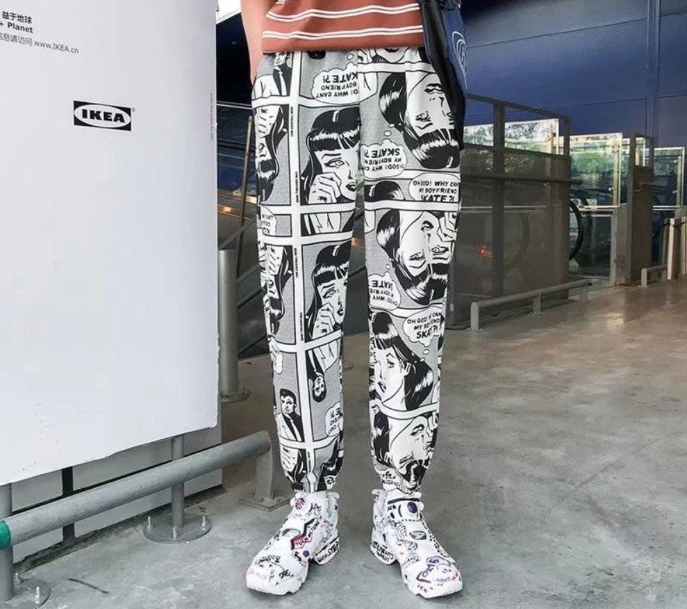 Tide brand hip hop newspaper pants men and women pants ins the same paragraph street loose beam pants national tide - BAGMODA