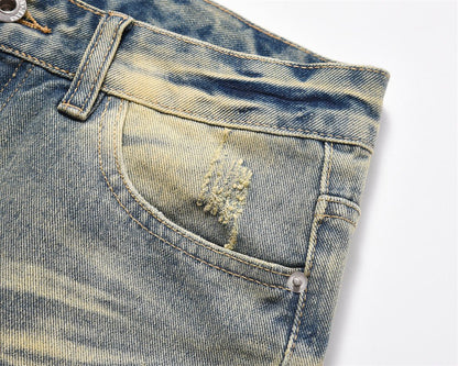 Distressed Scratches Denim Straight - leg Pants Men - BAGMODA