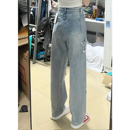 Pantalones vaqueros azules bordados XINGX para mujer, holgados, rectos y de pierna ancha