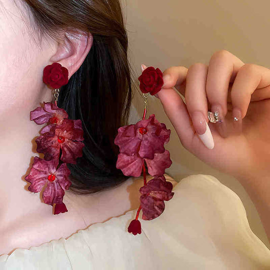 Fabric Roses Long Fashion Earrings