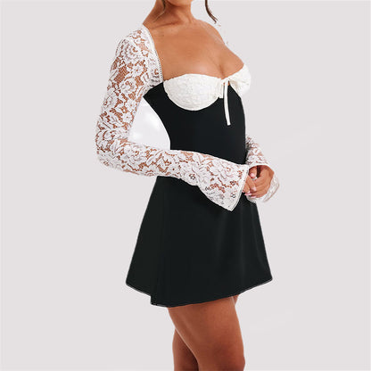 Vestido de encaje Y2K de manga larga, moda sexy, corsé, espalda descubierta, con cordones, vestidos cortos, ropa de mujer