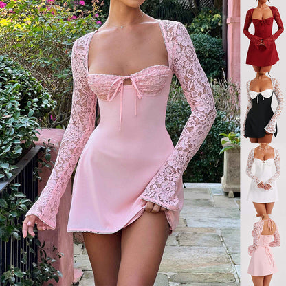 Vestido de encaje Y2K de manga larga, moda sexy, corsé, espalda descubierta, con cordones, vestidos cortos, ropa de mujer