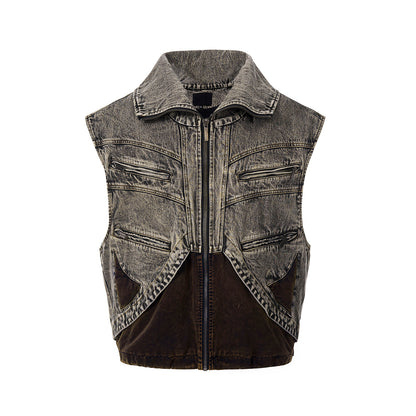 Chaleco vaquero de empalme para hombre, chaqueta de verano con cremallera y sin mangas