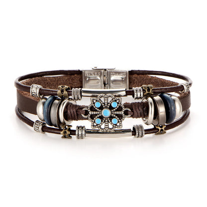 Pulsera de cuero multicapa con plumas de piedra tibetana para hombre, 2 unidades, con cuentas de ojo de pez, estilo punk vintage.