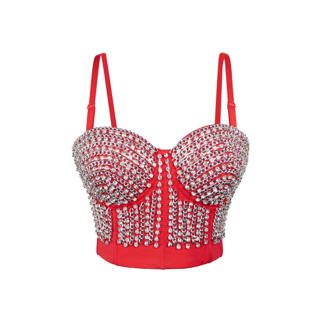 Sexy Waist-Baring Chain Decorated Mini Camisole Bralette with Boning Design