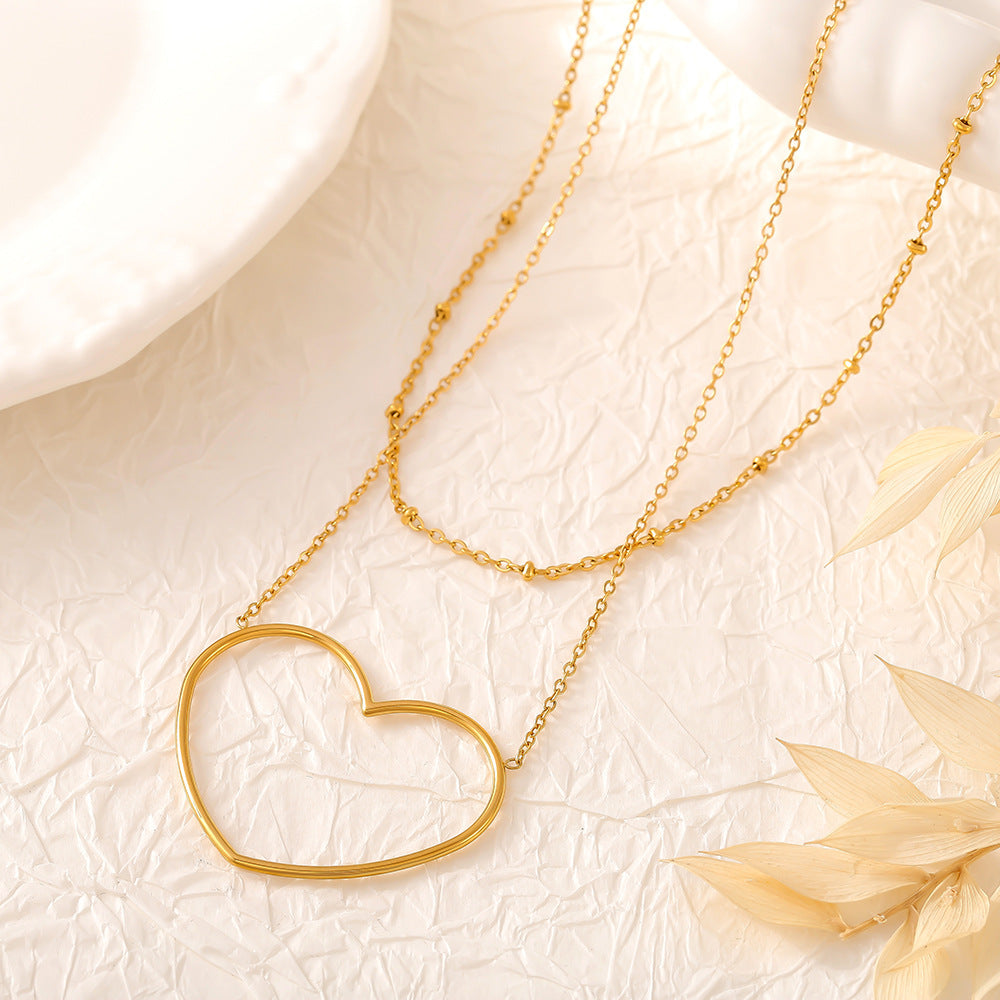 European And American Hollow Love Twin Clavicle Chain Stainless Steel Plated 18K Gold Necklace