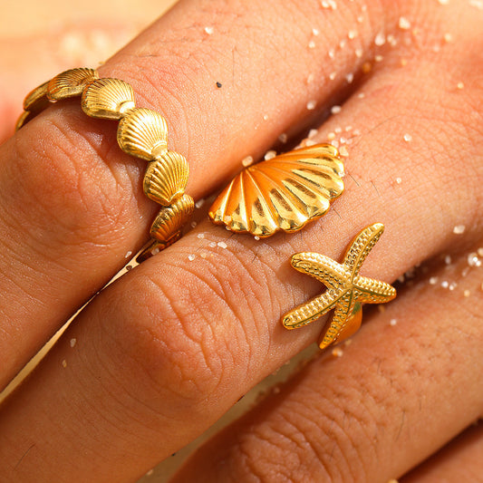 Marine Elements Vacation Style Shell Starfish Open Adjustable Ring For Women