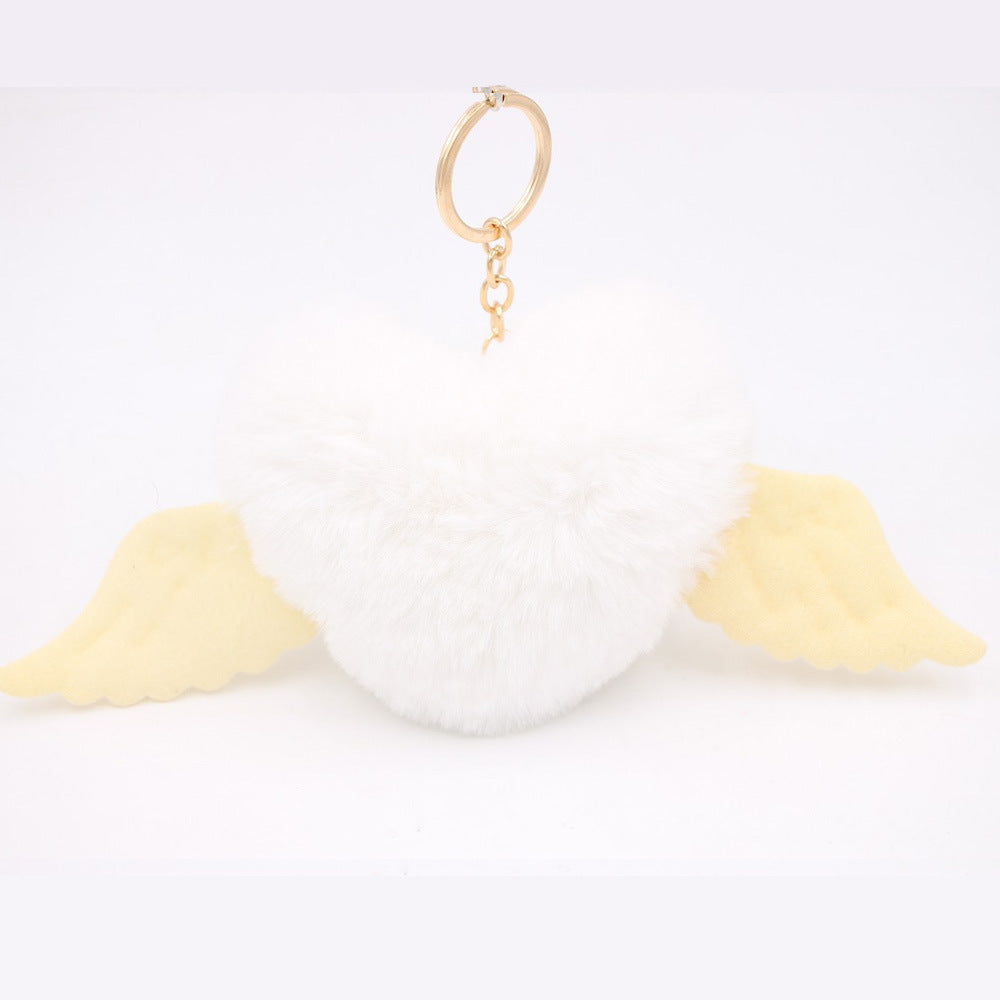 Peach Heart Wings Heart Wool Ball Keychain Pendant