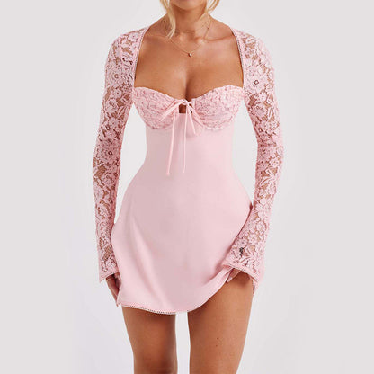 Vestido de encaje Y2K de manga larga, moda sexy, corsé, espalda descubierta, con cordones, vestidos cortos, ropa de mujer