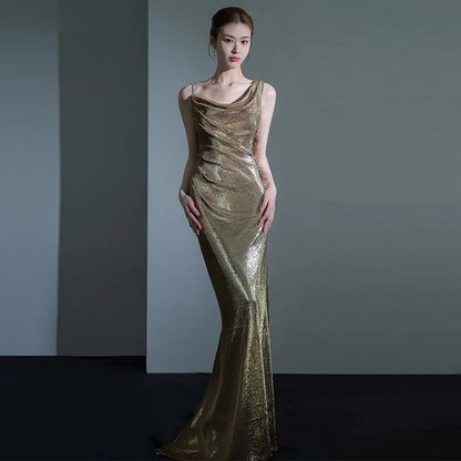 Vestido de noche de cola de pez para mujer, elegante, con lentejuelas, para reunión anual, sexy, sin espalda