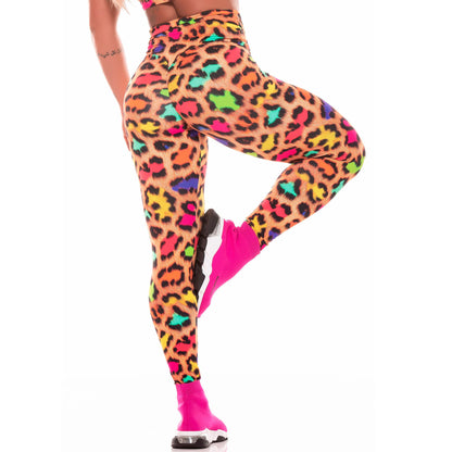 Pantalones de yoga con estampado de leopardo colorido que absorben la humedad y hacen ejercicio, leggings para mujer que muestran la cadera.