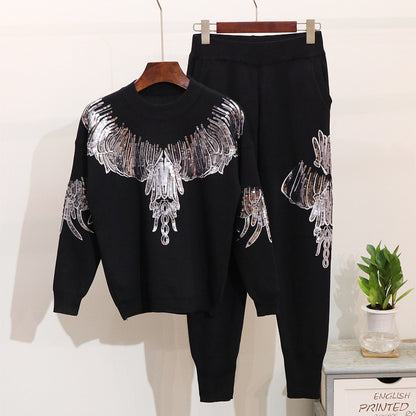 Suéter de punto de manga larga, pantalones de punto casuales, traje de punto de moda para mujer