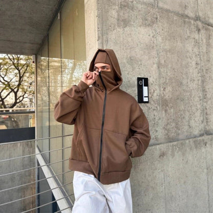 Double-layer Masked Hooded Loose Zip Men's Solid Color Hoodie