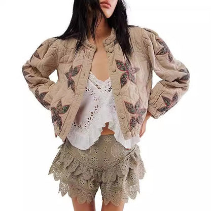 Gewaschene Baumwolle Ahornblatt befestigt Tuch bestickt Damen Mantel Baumwolle gefütterte Jacke