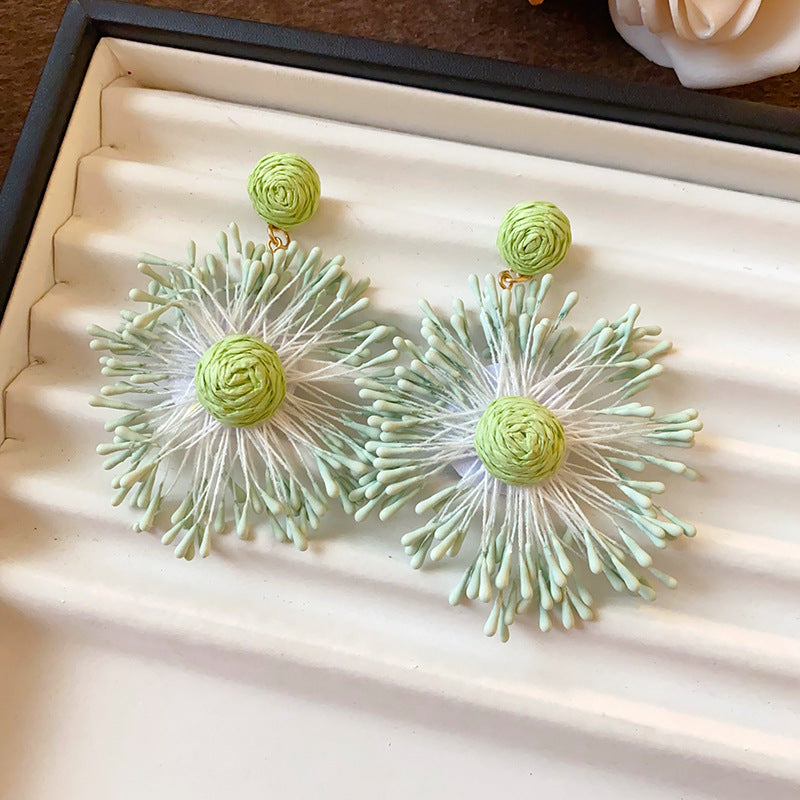 Silver Needle Fabric Flower Pendant Earrings For Women