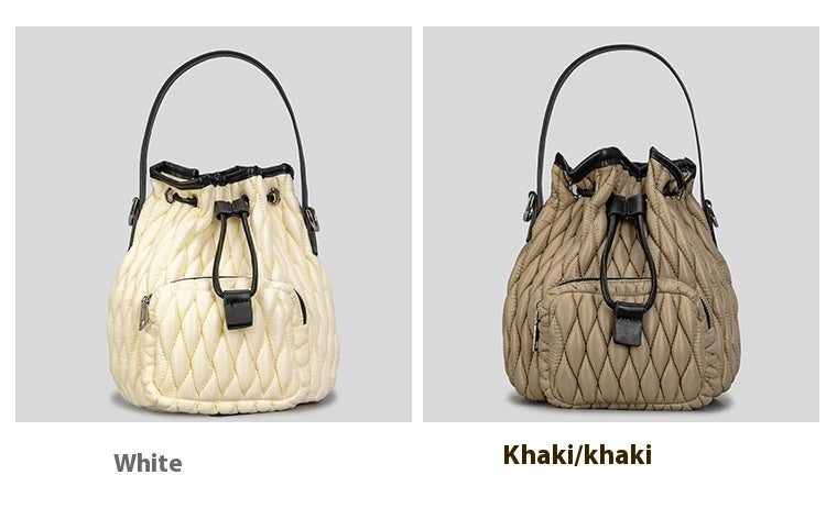 Nylon Women's Bucket Bag Down Cotton Rhombus Drawstring Shoulder Niche Cushion Cotton Pleated