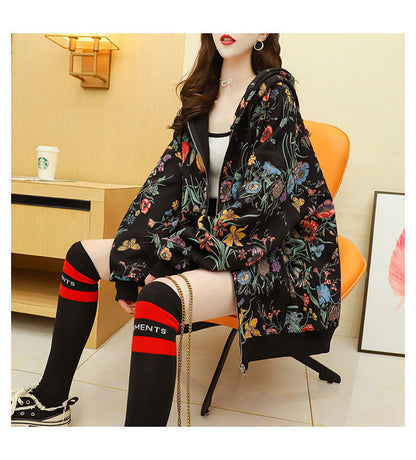 Sudadera con capucha gruesa de terciopelo para mujer, informal, holgada, con estampado floral