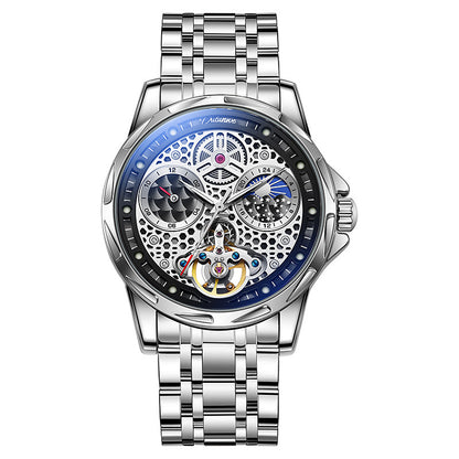 Reloj automático de cuero y acero, de lujo, luminoso y resistente al agua.