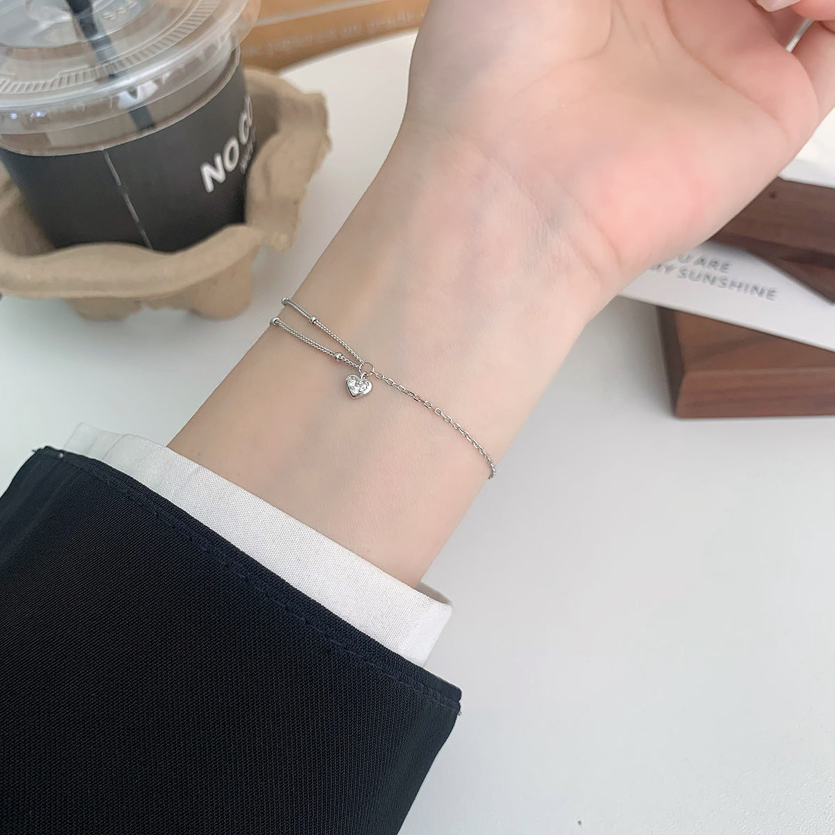 Simple S925 Sterling Silver All-match Heart Double-layer Bracelet