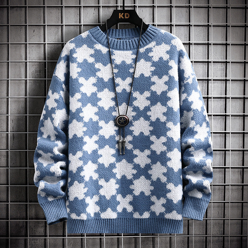 Puzzle Jacquard Half High Neck Men's Loose Casual Sweater
