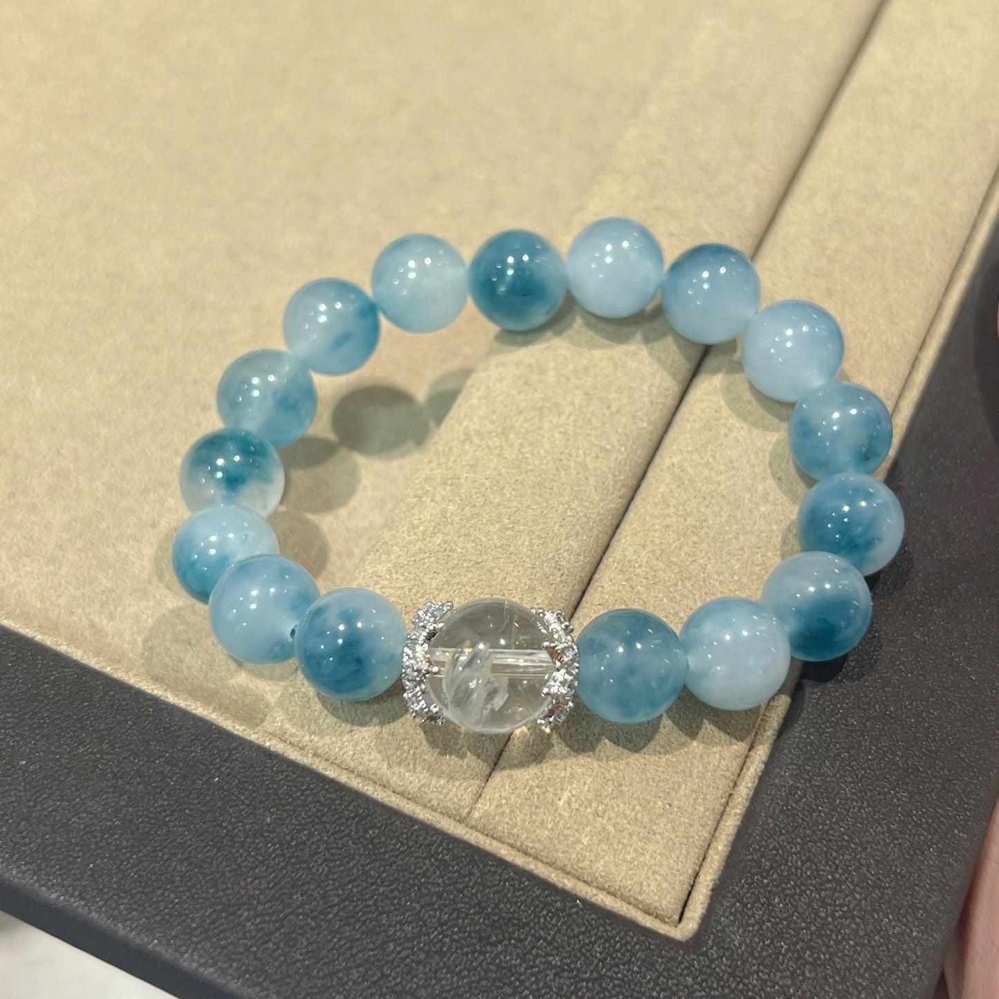 White Crystal Ink Blue Floating Flower Chalcedony Aquamarine Bracelet