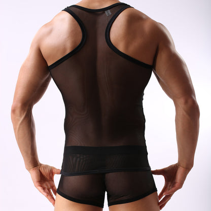 Fitness Transparent Cutout Mesh Men's Underwear Mesh Style For Sports Hurdles Vest Shorts Set