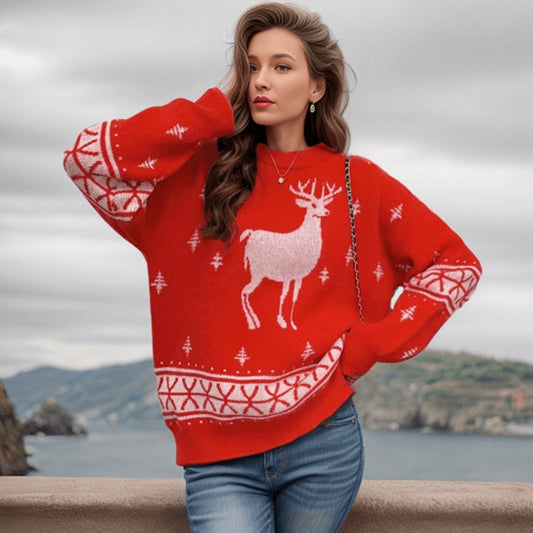 Christmas Elk Autumn And Winter Loose Women's Knitwear Round Neck Brocade Sweater