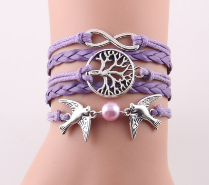 Pulsera trenzada de cuero con perlas de imitación y dije de pájaros voladores de árbol infinito de moda para mujer, pulseras y brazaletes para mujer, joyería